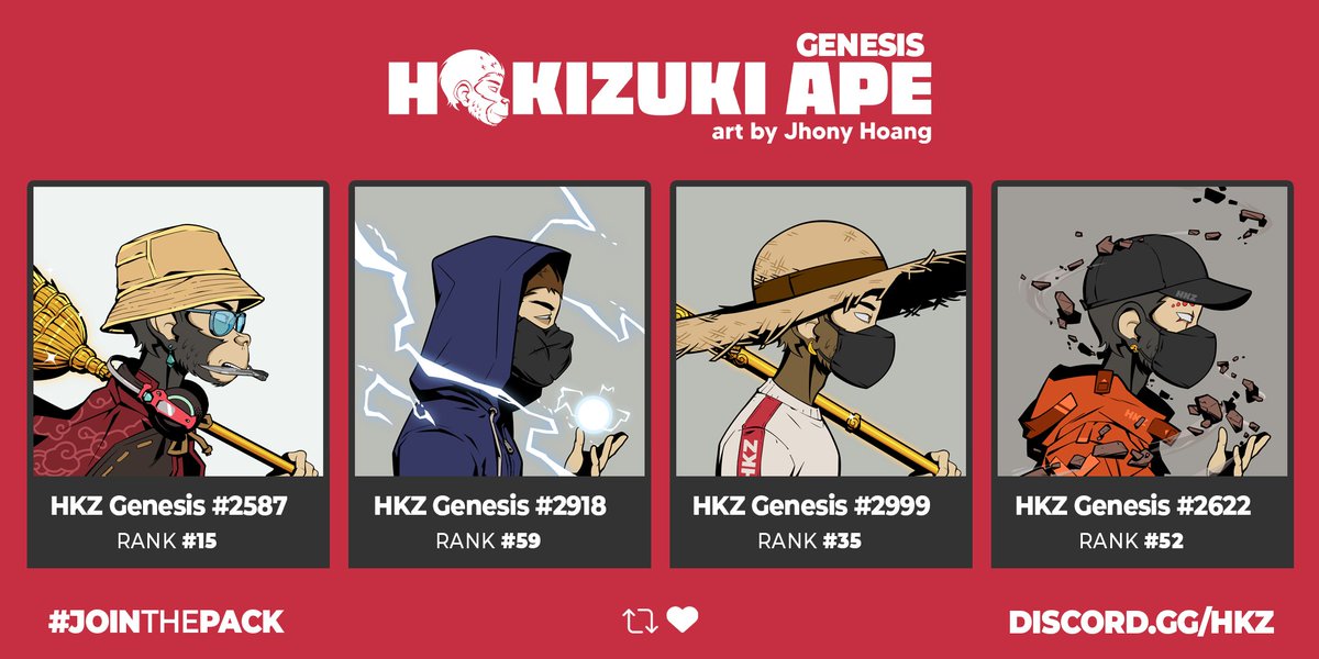 Hokiz, 
Let's start making noise. 🔥

Only 1 OG role to claim if you LIKE, RT and join Discord. 

OGs have the chance to win this 4 rare HKZ Genesis NFTs. Join now: discord.gg/hkz