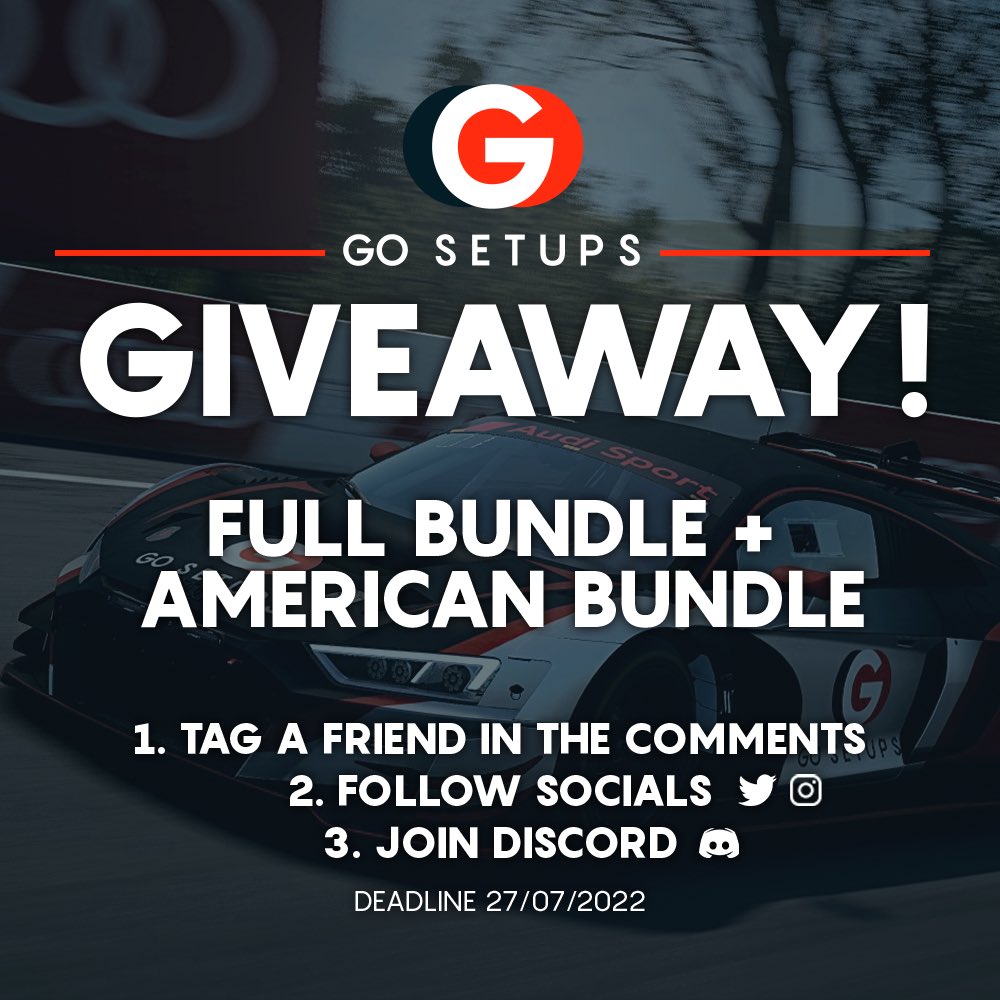 📣GO SETUPS WILL BE GIVING AWAY: 
1 x Full Bundle (your choice)
1 x American Bundle (your choice) 

What is required to win? 🏆
1. Follow our social media channels☑️
2. Tag a friend in the comments☑️
3. Join our discord☑️

Link in bio! More tag = more entries!
Winner: 28th July!