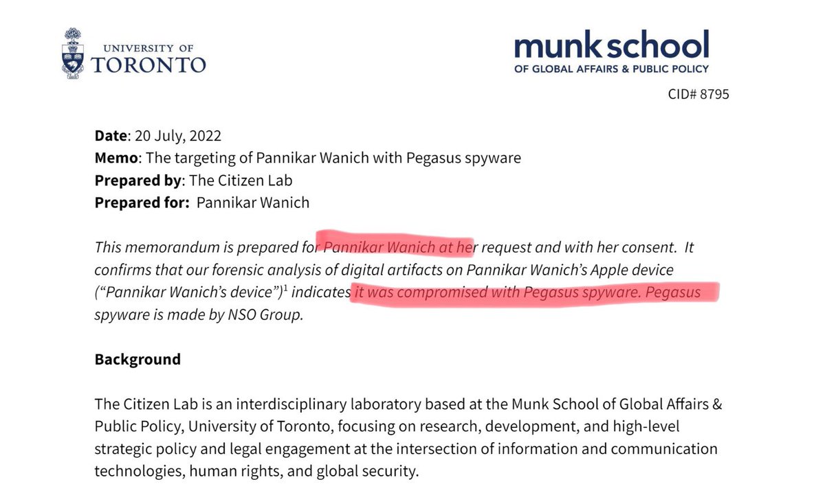 Pannika_FWP's tweet image. สำหรับผู้ที่อยากทราบว่าเรารู้ได้อย่างไรว่าถูกเพกาซัสแฮ็ก คำตอบคือ
1. ได้รับเมลเตือนจาก Apple ว่าโดนแฮ็กโดยรัฐ 
2. ติดต่อกับ Citizen Lab องค์กรด้านความปลอดภัยไซเบอร์ของแคนาดา ผ่านไอลอว์ เอาข้อมูลมือถือไปสแกนหาสปายแวร์
3. ตรวจพบเพกาซัส ช่อโดนแฮ็ก 2 ครั้ง ช่วง ก.พ. 64