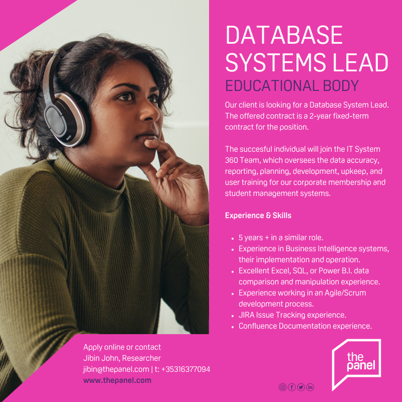 ThePanelDublin's tweet photo. Database Systems Lead (https://t.co/Sz1uSDccik) role is currently available with our client, an educational body in Dublin.
For more information contact JJ at jibin@thepanel.com
#database #databaselead #databasesystems #powerbi #sql #excel #jira #confluence #agile #BIsystems https://t.co/weKPrzuRdP