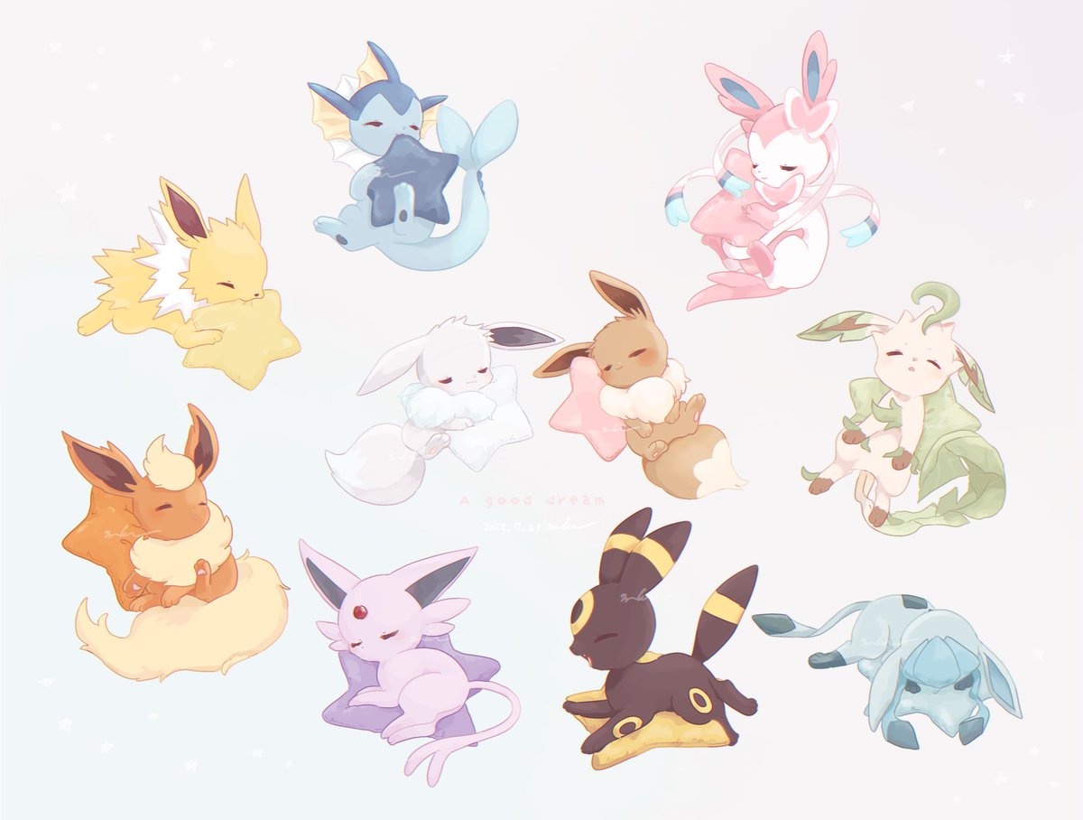 eevee ,espeon ,flareon ,glaceon ,leafeon ,umbreon ,vaporeon pokemon (creature) no humans closed eyes sleeping lying on stomach closed mouth  illustration images