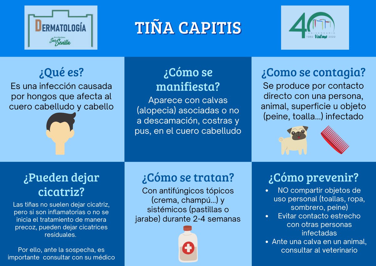 DermatologiaV's tweet photo. Ante el aumento de casos de tiña de la cabeza (Tinea capitis) en nuestra área sanitaria📈… os traemos este esquema para que conozcáis un poco más esta patología infecciosa ⏫⏫
@AGSSurSevilla @CdHUVValme
#tiñacapitis #tineacapitis #prevención #educandoensalud https://t.co/ZL4k6aaKvK