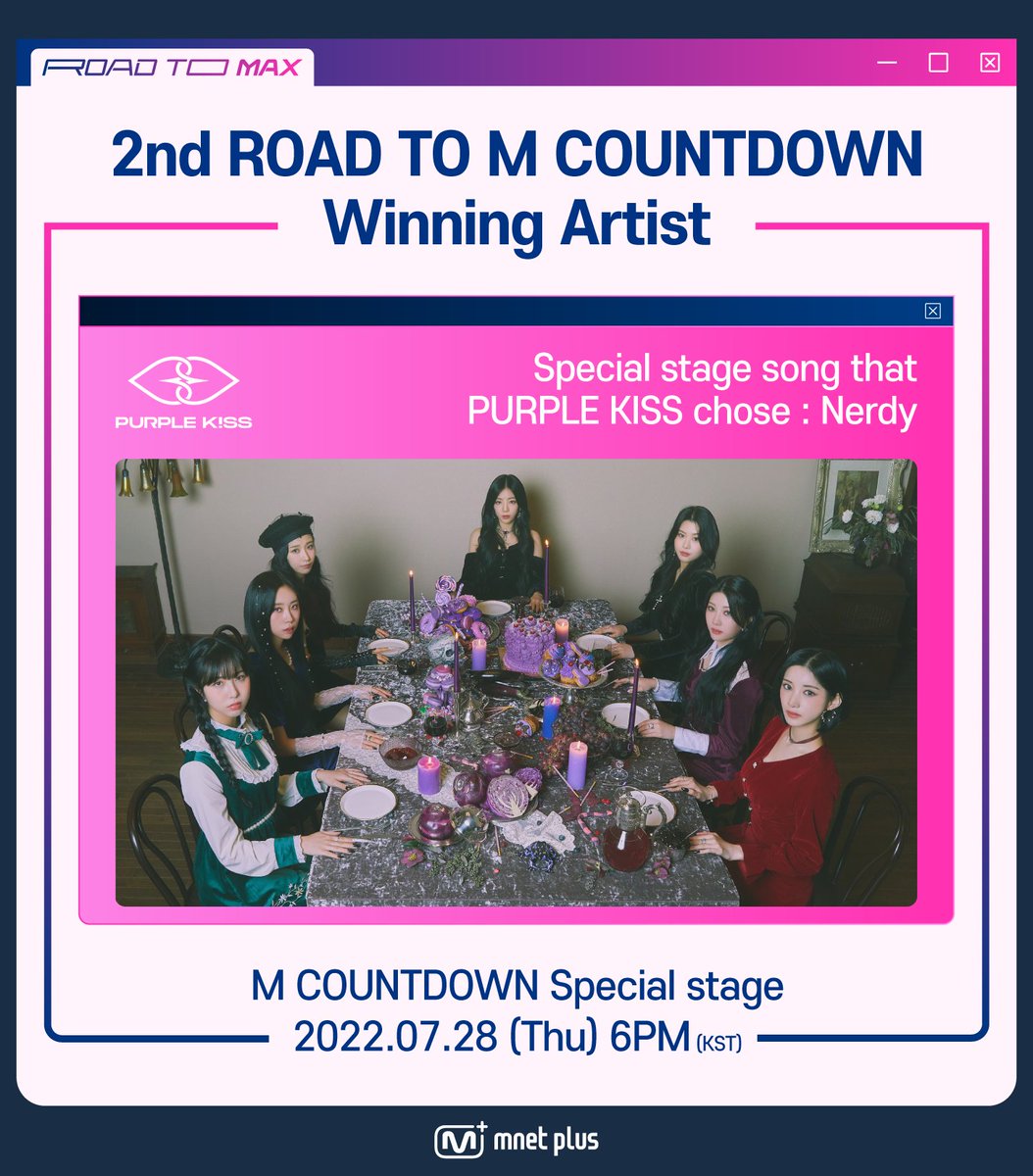 mnetplus's tweet photo. Next to go on the #ROAD_TO _MAX special stage? ✨#PURPLE_KISS !✨
Enjoy the special stage and MAX LIVE with PURPLE KISS coming up next week🤗
M COUTDOWN Special Stage
2022.07.28 6PM (KST)
#MnetPlus #엠넷플러스
@RBW_PURPLEKISS https://t.co/V7wNJn4mOQ