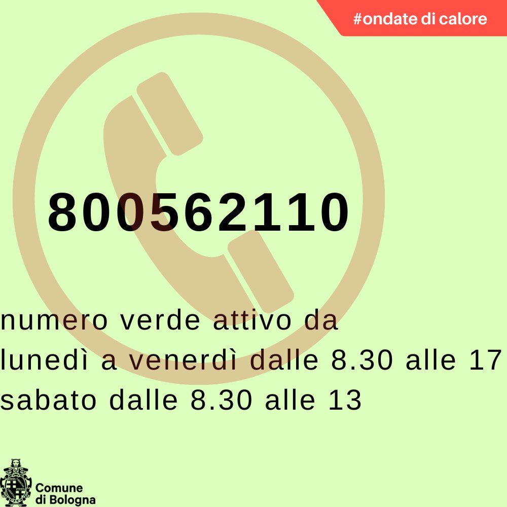 comunebologna's tweet photo. 🟡 Allerta gialla per caldo☀️ 🌡️ oggi a #Bologna con temperature  intorno ai 38°
📞attivo numero verde 800 562110 per le persone anziane, fragili e chi ha bisogno 
🌡️ evitare di uscire e fare sport nelle ore più calde (tra le 12 e le 18)
👉https://t.co/P0hqs0TjzT #OndatediCalore https://t.co/aJj0ANGgEl