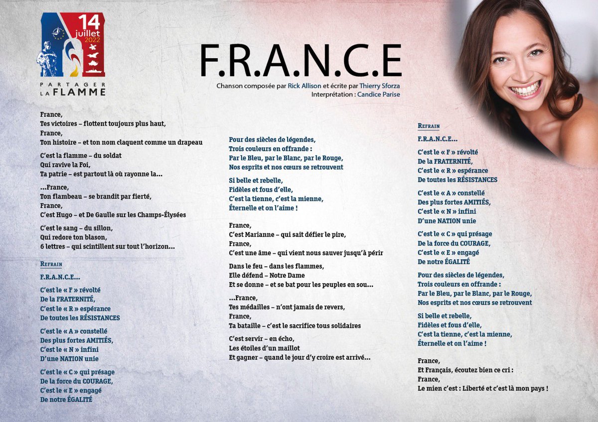 Le 14 juillet dernier sur la place de la Concorde, les Françaises et les Français découvraient la chanson F.R.A.N.C.E. magnifiquement interprétée par <a href="/CandiceParise/">Candice PARISE</a>, accompagnée par la musique des <a href="/PompiersParis/">PompiersParis</a>.