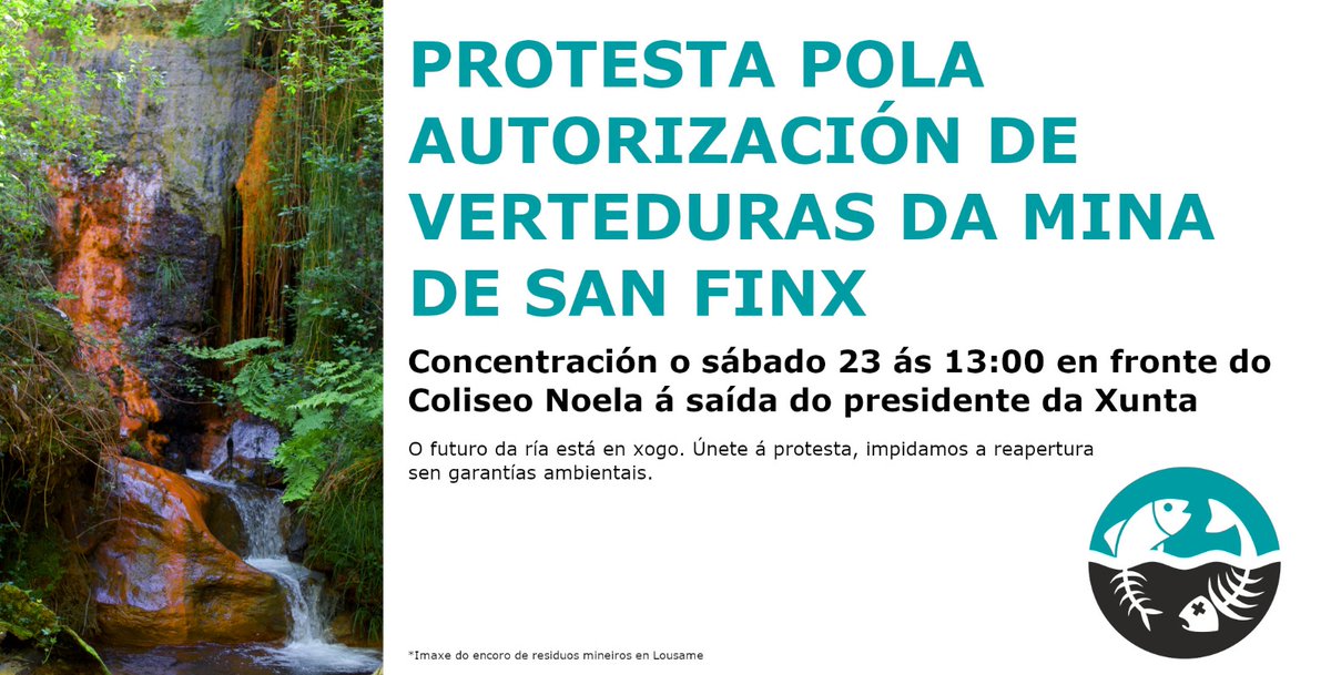 BNG_Noia's tweet photo. O #BNG apoia a protesta convocada por Vida e Ría este sábado ás 13 horas en #Noia para facer ver ao presidente da Xunta o #rexeitamento da nosa comarca contra unha autorización de #verteduras procedentes das minas de #SanFins que carecen de garantías ambientais. https://t.co/GFKfc42NXy