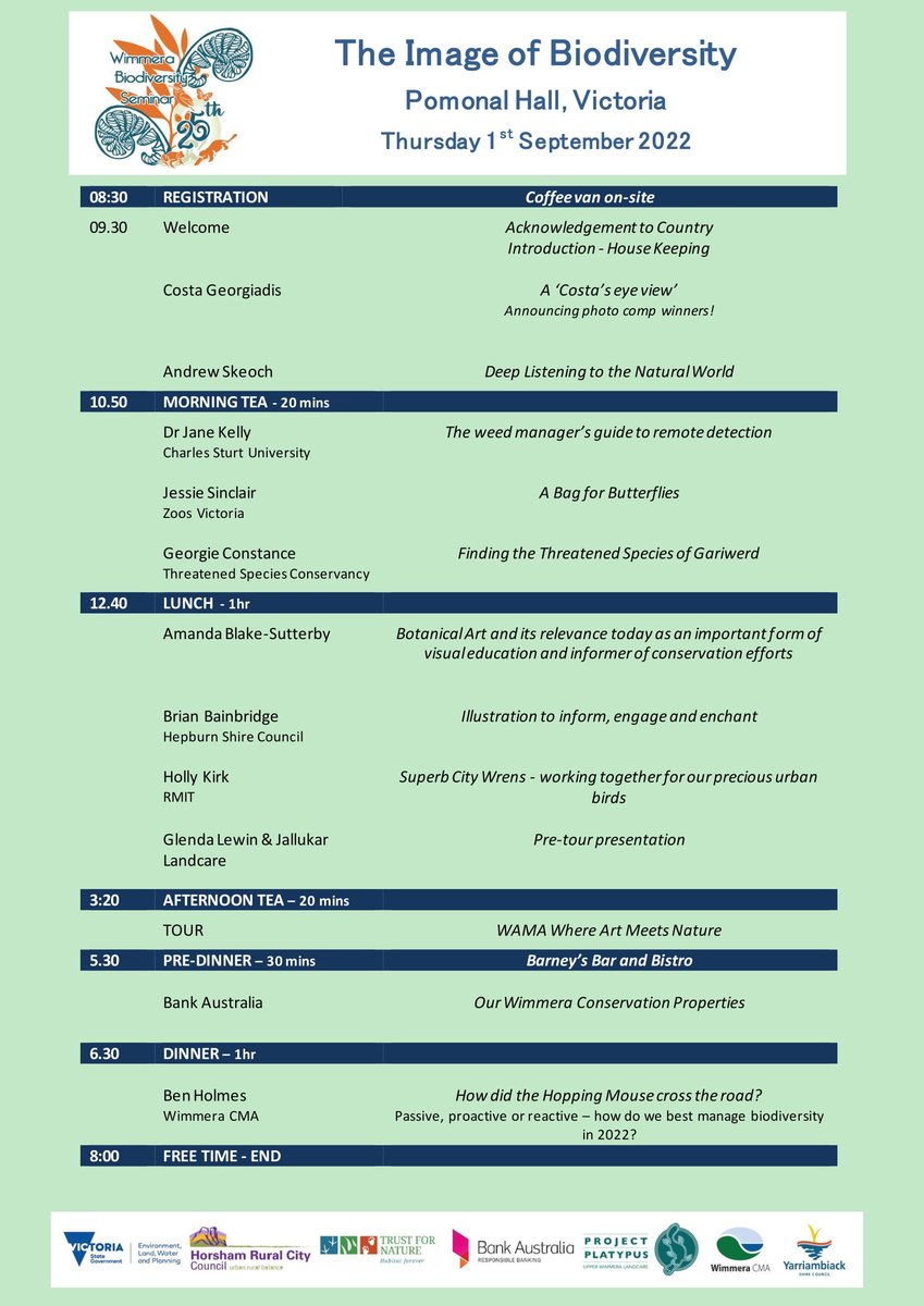 bio_seminar's tweet photo. The 25th WIMMERA BIODIVERSITY SEMINAR is happening in person this year on THURSDAY 1st SEPTEMBER at POMONAL!!! WOOHOO! Check out the program with a fabulous line-up of presenters from the local area and afar. Register now via Eventbrite! #WimmeraBiodiversitySeminar #WBS2022 https://t.co/9fPUB0hwxb