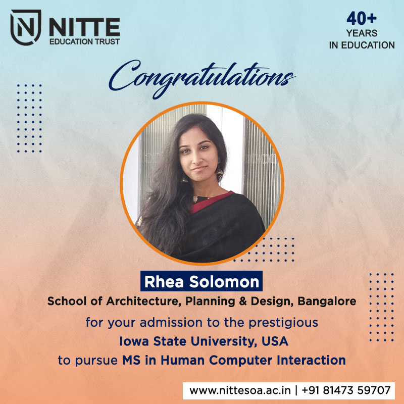 Nitte_SAPD's tweet photo. NITTE NSAPD, Bangalore, congratulates Rhea Solomon for getting admission to the prestigious Iowa State University, USA to pursue MS in Human-Computer Interaction.

We wish her good luck in her future endeavours.

#Nitte #NSAPD #NSAPDBangalore #Architecture #BPlanning https://t.co/eJmPALBAr4