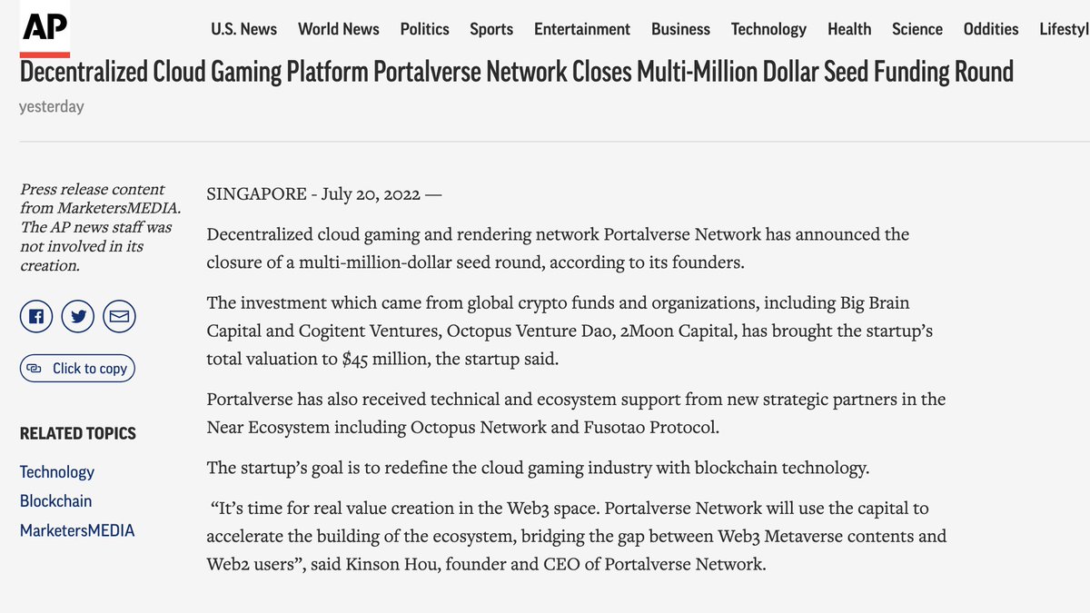 PORTALVERSE (@portalverse_net) on Twitter photo <a href="/Portalverse_Net/">PORTALVERSE</a> is gaining more exposure on APNews and MarketWatch. 🚀🚀🚀 Wagmi 💪💪💪
Click for more details on the press release.👇
apnews.com/press-release/…
marketwatch.com/press-release/…
#Metaverse #cloudgaming #Web3 #videogames #PressRelease #fundraising <a href="/Portalverse_Net/">PORTALVERSE</a> is gaining more exposure on APNews and MarketWatch. 🚀🚀🚀 Wagmi 💪💪💪
Click for more details on the press release.👇
apnews.com/press-release/…
marketwatch.com/press-release/…
#Metaverse #cloudgaming #Web3 #videogames #PressRelease #fundraising