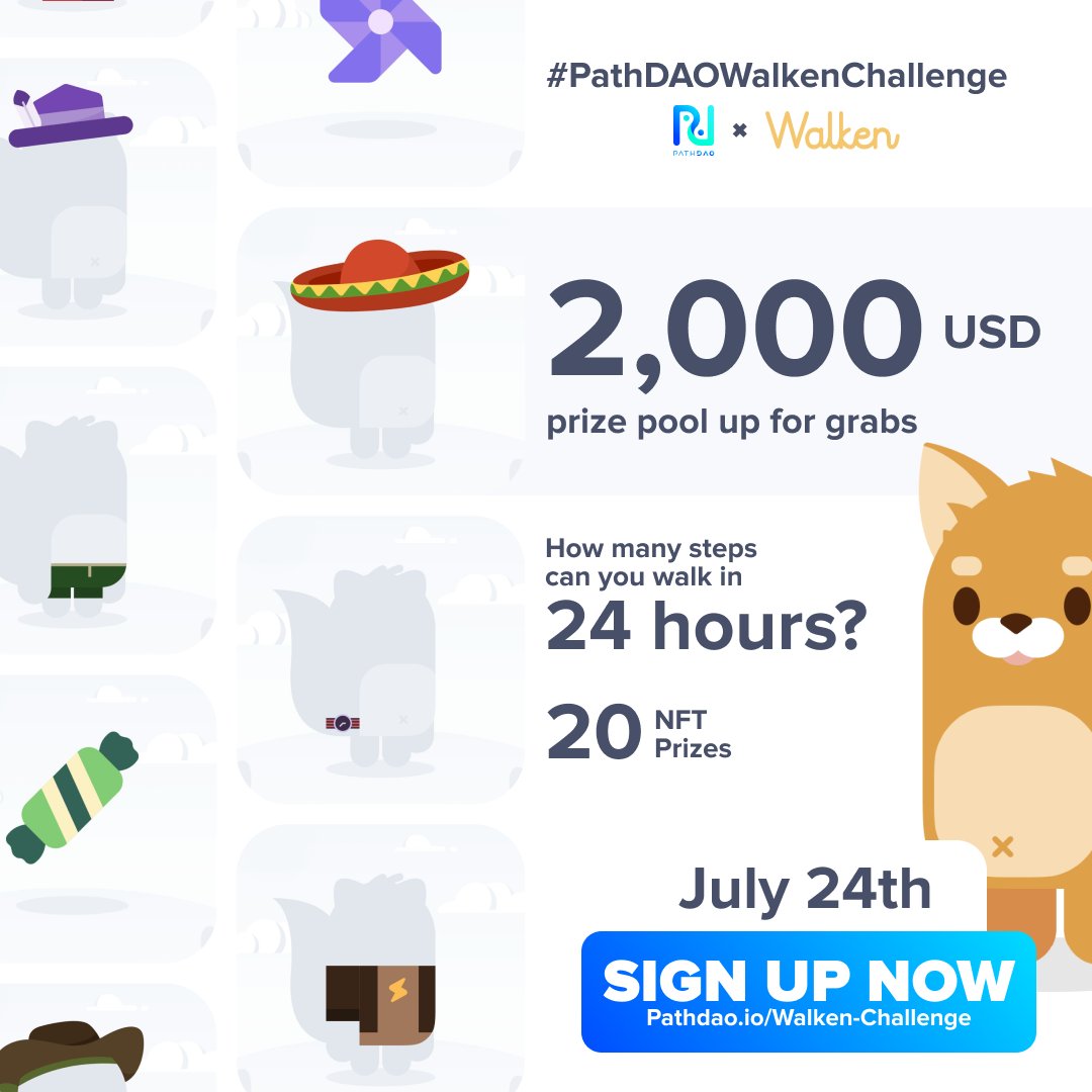 virtuals_io's tweet photo. Walk-To-Win! 😱  It's time to get outside and join the #PathDAOWalkenChallenge this weekend to win an NFT 🎉

Download the #Walken App📱 now and sign up for the challenge using the link below!👇🏻 #M2E

Brought to you by #PathDAO &amp; @walken_io✨
https://t.co/9vX0Hcmq9I https://t.co/B44PQlfQyN