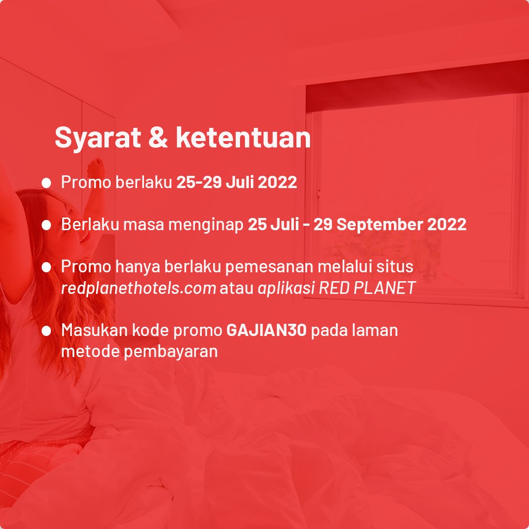 redplanetid's tweet photo. Ting tong!! 🛎
Nikmati promo Hemat hingga 30%, dengan kode promo GAJIAN30, mulai hari ini hingga 29 Juli 2022. 

Promo hanya berlaku untuk pemesanan situs https://t.co/GpLEr82D1s dan Aplikasi RED PLANET. 
https://t.co/P1m3dF2uT1

#promo #kodepromo #PayDaySale #paydayredplanet https://t.co/yebmpkA2Zo