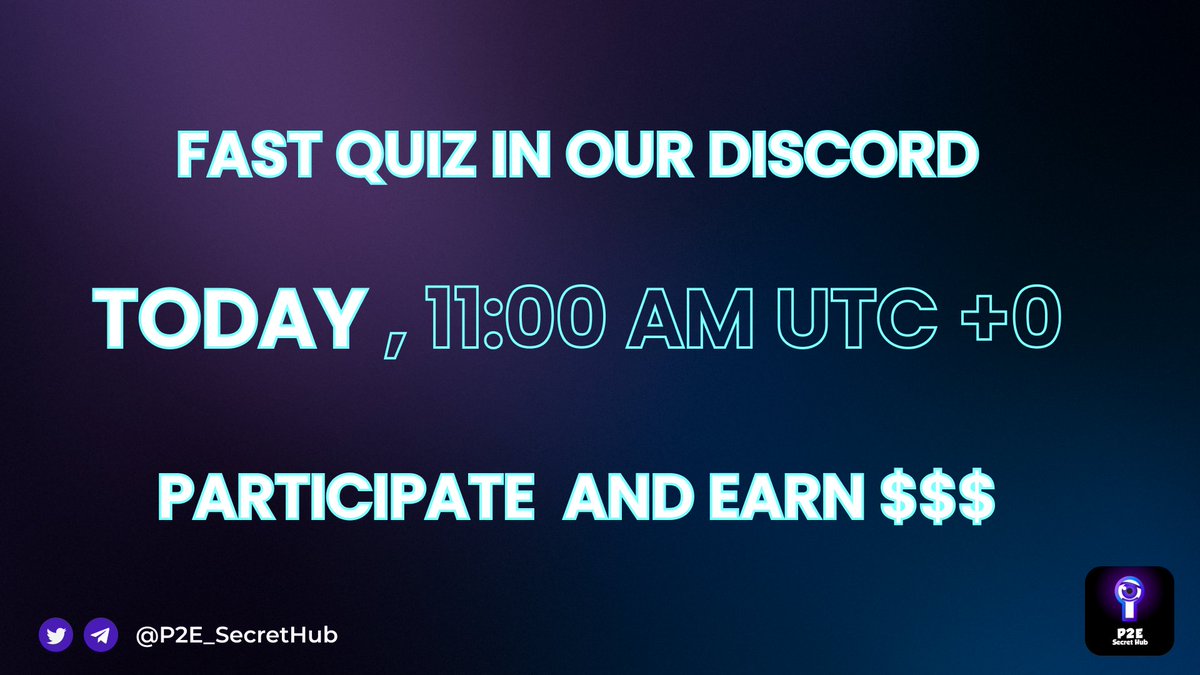 P2E_SecretHub's tweet image. ⚡️Today we will launch fast quiz in our discord!

🏆Participate today at 11:00 UTC +0 time in our Quiz and Earn $$$

🔵Prize pool:
1st - 10$
2nd - 5$
3rd - 5$

Follow us in discord and stay tuned in #generalchat👇👇
discord.gg/7UBXaBtfZ8