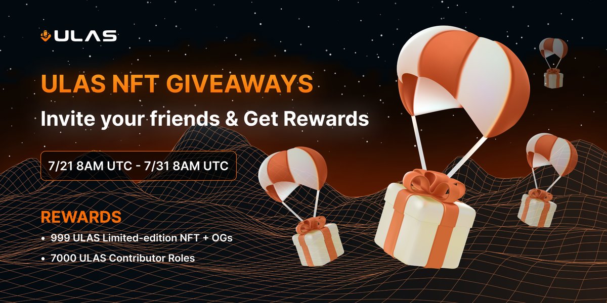 ulas_network's tweet image. 🔥#ULAS #NFTGiveaways 🔥
✅ Invite your friends &amp;amp; Get Rewards🎁

🏆Rewards
️ULAS Limited-edition NFT
️ULAS Contributor Role

💰How to win
1⃣️Complete #Gleam
2⃣️Share your invitation link with your friends

Join NOW⬇️
gleam.io/Fl5Ux/-nft-giv…

#Airdrop #Web3 #whitelists #NFTs