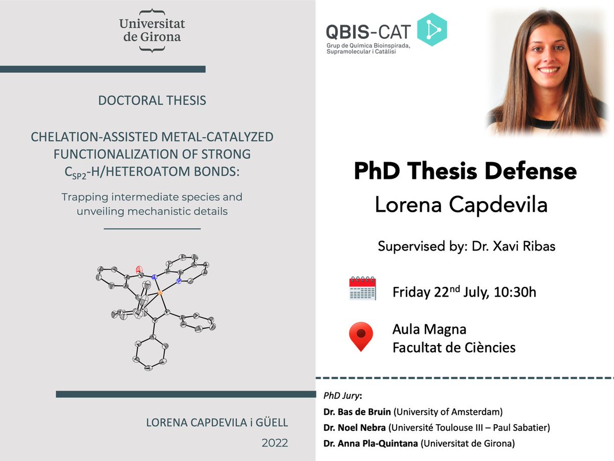 QBIS-CAT Research Group (@qbiscat_udg) on Twitter photo Tomorrow, <a href="/lorenacapdevila/">Lorena Capdevila</a> will present her PhD thesis about metal-catalyzed functionalization of strong C(sp2)-H/heteroatom bonds, supervised by Dr. <a href="/ribas_xavi/">xribas</a>.
<a href="/IQCCUdG/">IQCC UdG</a> <a href="/UdGRecerca/">UdG Recerca</a> <a href="/udgdoctorat/">Escola de Doctorat de la UdG</a> <a href="/QuimicaUdG/">Quimica UdG</a> <a href="/UdGCiencies/">Facultat de Ciències</a> Tomorrow, <a href="/lorenacapdevila/">Lorena Capdevila</a> will present her PhD thesis about metal-catalyzed functionalization of strong C(sp2)-H/heteroatom bonds, supervised by Dr. <a href="/ribas_xavi/">xribas</a>.
<a href="/IQCCUdG/">IQCC UdG</a> <a href="/UdGRecerca/">UdG Recerca</a> <a href="/udgdoctorat/">Escola de Doctorat de la UdG</a> <a href="/QuimicaUdG/">Quimica UdG</a> <a href="/UdGCiencies/">Facultat de Ciències</a>