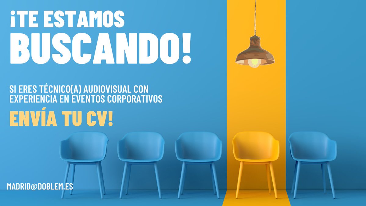 ✔️ Abrimos nueva convocatoria para Técnico(a) Audiovisual en #Madrid capital. Si tienes experiencia en #eventos corporativos ¡queremos conocerte!

📫  madrid@doblem.es

#ofertaempleo #jobspain #trabajoespaña #audiovisual #audiovisualjob #empleoaudiovisual #trabajoaudiovisual