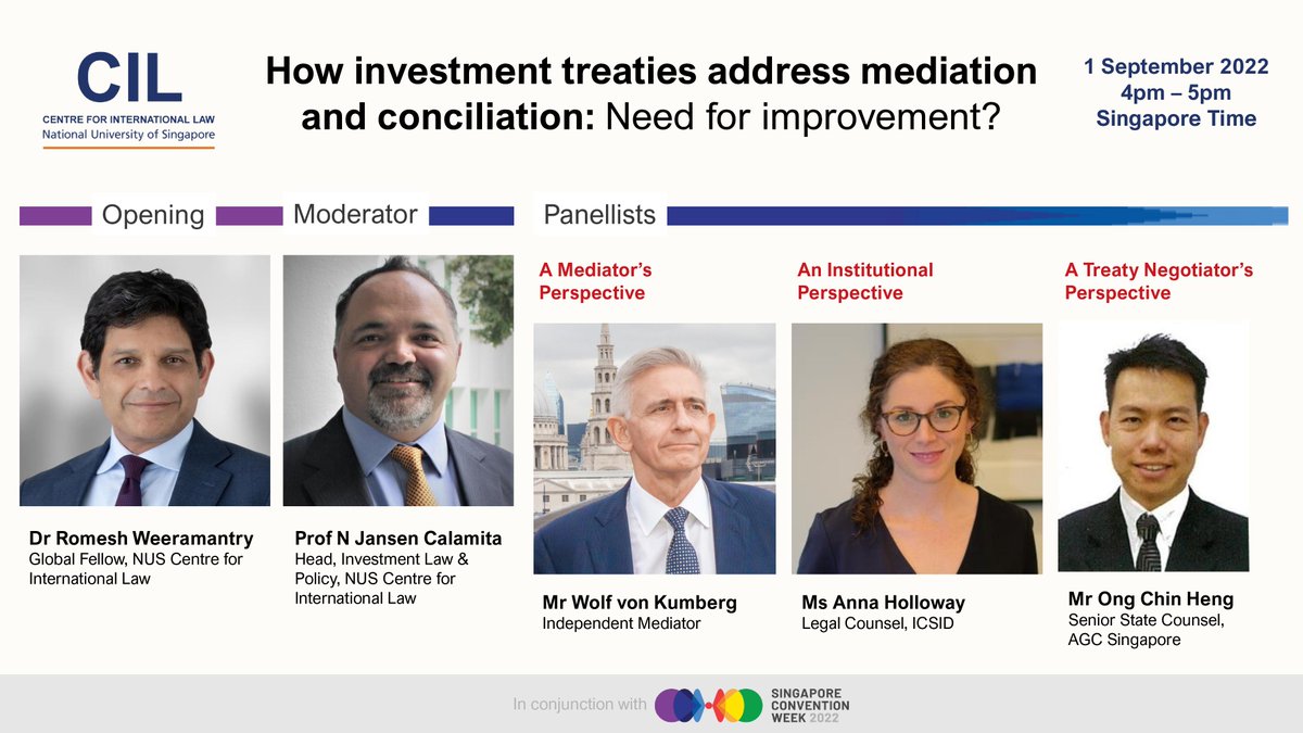 NUS_CIL's tweet image. #SGMediates #SCWeek2022
CIL Webinar 𝗛𝗼𝘄 𝗶𝗻𝘃𝗲𝘀𝘁𝗺𝗲𝗻𝘁 𝘁𝗿𝗲𝗮𝘁𝗶𝗲𝘀 𝗮𝗱𝗱𝗿𝗲𝘀𝘀 𝗺𝗲𝗱𝗶𝗮𝘁𝗶𝗼𝗻 𝗮𝗻𝗱 𝗰𝗼𝗻𝗰𝗶𝗹𝗶𝗮𝘁𝗶𝗼𝗻: 𝗡𝗲𝗲𝗱 𝗳𝗼𝗿 𝗶𝗺𝗽𝗿𝗼𝘃𝗲𝗺𝗲𝗻𝘁? 1 Sep 2022, 4pm - 5pm, SGT tinyurl.com/2hna97fb