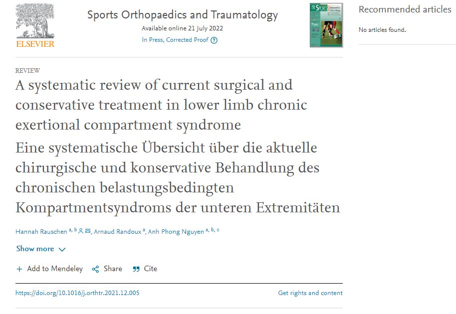 Congratulations Hannah Rauschen and Arnaud Randoux for their first peer-reviewed manuscript ! 

Fasciotomy seems to be the preferred treatment in most studies (37/44), while gait retraining reported promising results (5/44).
Full text: authors.elsevier.com/c/1fRwh,LbT54i…