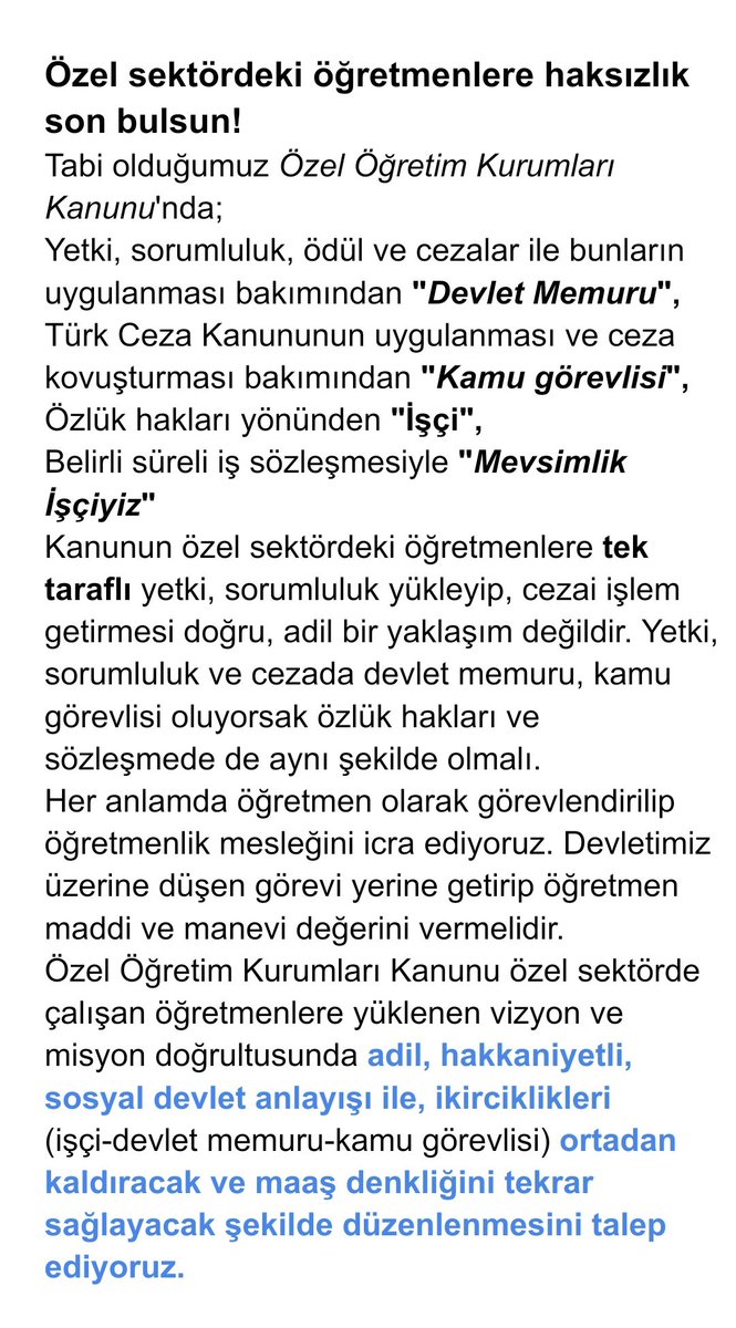 rehabilitesart's tweet photo. @fethigurer Özel sektörde, özel eğitim ve rehabilitasyon merkezlerinde çalışan öğretmenler görevlendirmelerinden tutun, sorumluluk, cezai işleme kadar her yönden devlet memuru ama özlük haklarına, çalışma koşulları ve şartlarına gelince iş kanununa tabi oluyor. 
Bu haksızlık
@kilicdarogluk https://t.co/L5u6r06pCF
