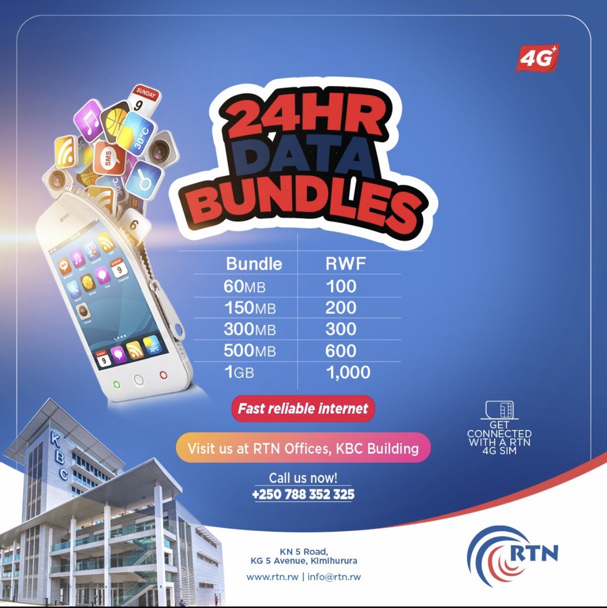 You can now use 4G 24hr data bundles from only 100Rwf ,RTN provides the fast and cheapest internet in the country, pass by our Offices at KBC(kimihurura) and enjoy the unlimited speed of our internet. Call:0788352325 , website: rtn.rw
 STAY CONNECTED! #rtn #4glte