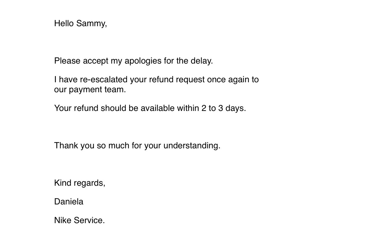 sammysuck2's tweet photo. This was yesterdays email again saying I would get the refund. After nearly 3 months of emailing back and fourth. Why are they now saying the box was empty 😡😡 @Nike https://t.co/ox22mG4gdY