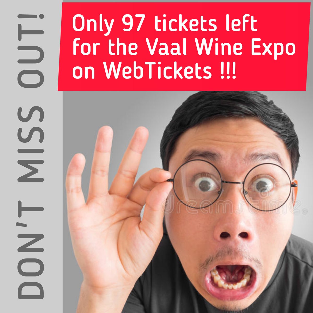Wow!! Only 97 Vaal Wine Expo tickets left!
If you don't have your hands on a ticket yet, you'd better act fast before they're all sold out!!

WebTickets link:
bit.ly/3xPTRwo

#wine #WineExpo #winefestival #winetastingevent #winetastingfun #winetasting #winefest #gauteng