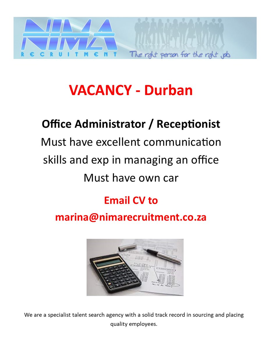 NimaRecruitment's tweet photo. VACANCY - Office Administrator / Receptionist - Durban
#jobsearch  #Jobs https://t.co/uwURUDdEnv