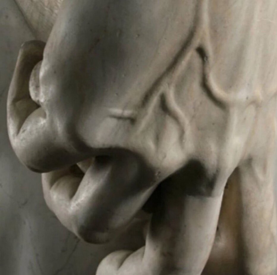 Hand detail of the "Statue of David" by Italian sculptor Michelangelo.