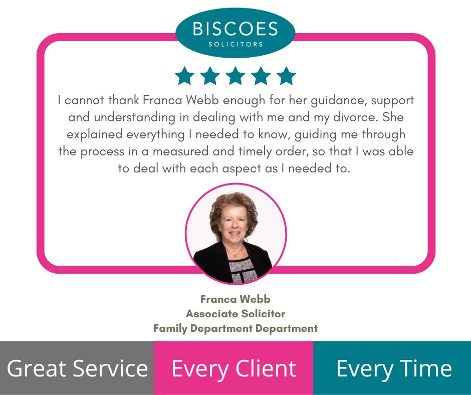 Biscoes's tweet photo. At Biscoes, we pride ourselves on Great Service, Every Client, Every Time, and receiving positive feedback like this is invaluable. Click here to find out how Franca can assist you with #FamilyLaw 👉https://t.co/MriHlthASy #testimonials https://t.co/klX3oPZsGo