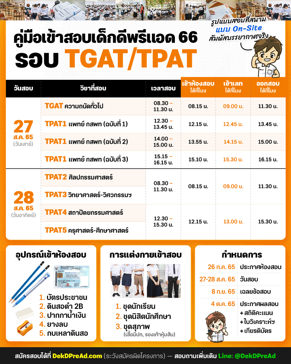คู่มือเข้าสอบ #dekdPreAd #TCAS66 รอบ TGAT TPAT รูปแบบสอบที่สนามแบบ On Site ที่จะสอบ 27-28 ส.ค.นี้
.
-ตารางสอบ เวลาเข้าห้องสอบ
-อุปกรณ์เข้าสอบ
-การแต่งกายเข้าสอบ
-กำหนดการหลังสอบ
.
#dek66 #dek67 #dek68