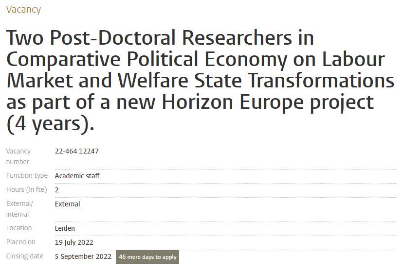⚡️ HIRING ⚡️ At <a href="/UniLeiden/">Universiteit Leiden</a> we are hiring two new postdocs in comparative political economy on labour market and welfare state transformations. Please spread the word! For more information, here👉 universiteitleiden.nl/en/vacancies/2…

#migration #digitalization #greenjobs #socialprotection