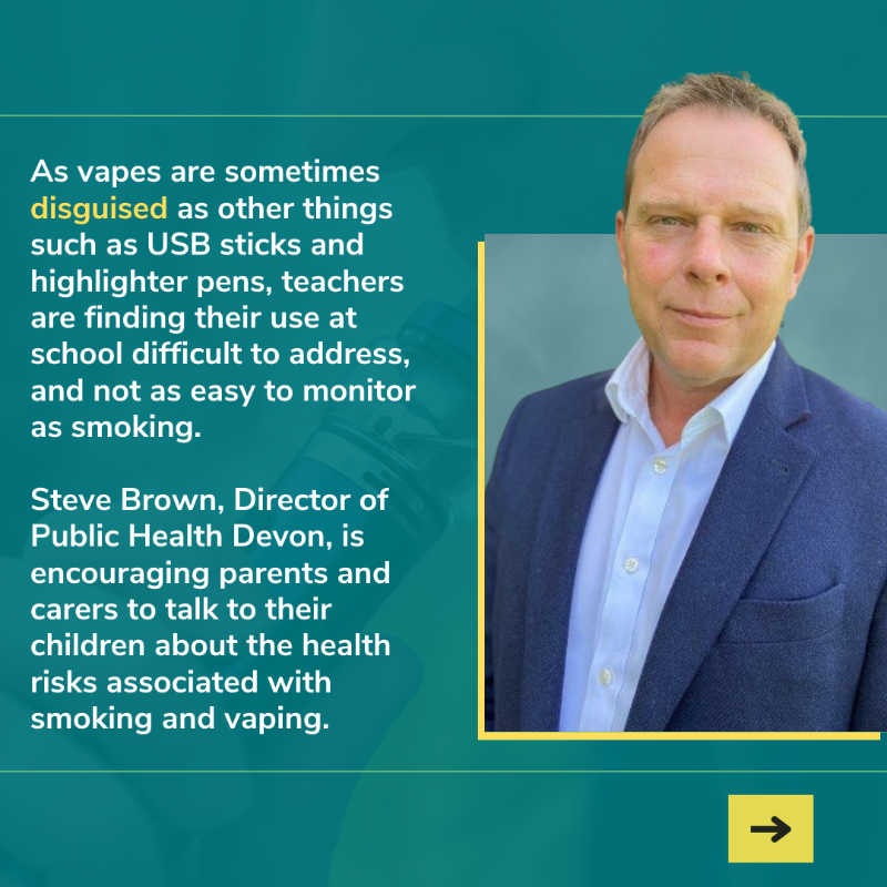 DevonCC's tweet photo. 💨 Concerns have been raised by schools in #Devon about a rise in the use of vapes, or e-cigarettes, among pupils at school.

Feedback from schools suggest that some children, a few as young as seven, are using vapes regularly.

Swipe left below to read more ⬅️