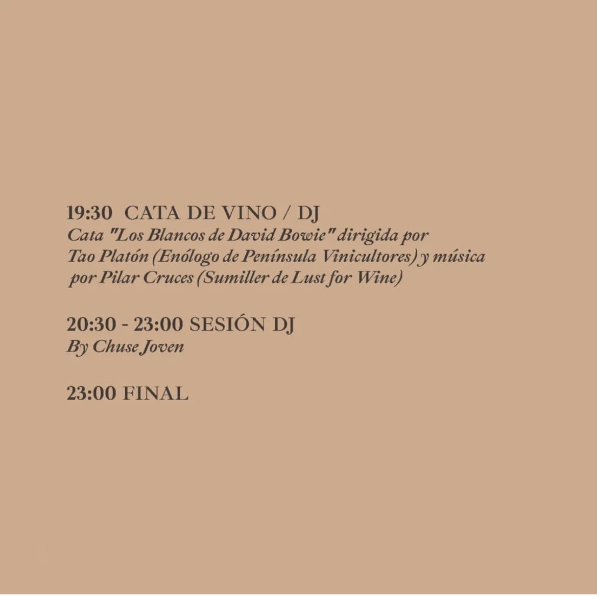 La sesión de tarde del sábado será a las 19:30 en el Paseo Marceliano Santa María. <a href="/pilarcruces/">Pilar Cruces</a> con sus canciones de Bowie y yo con 4 vinos de Península.