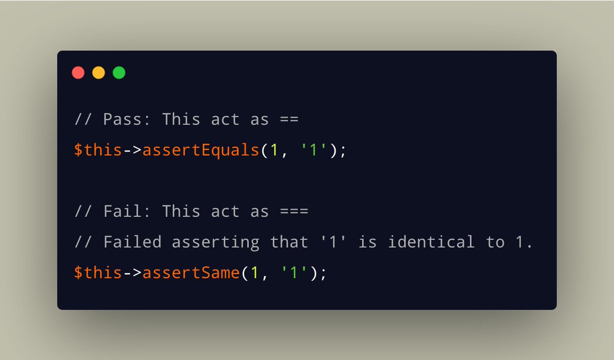 🌶️Difference between assertEquals and assertSame

#Laravel #LaravelTestingTips #PHPUnit #TestingTips