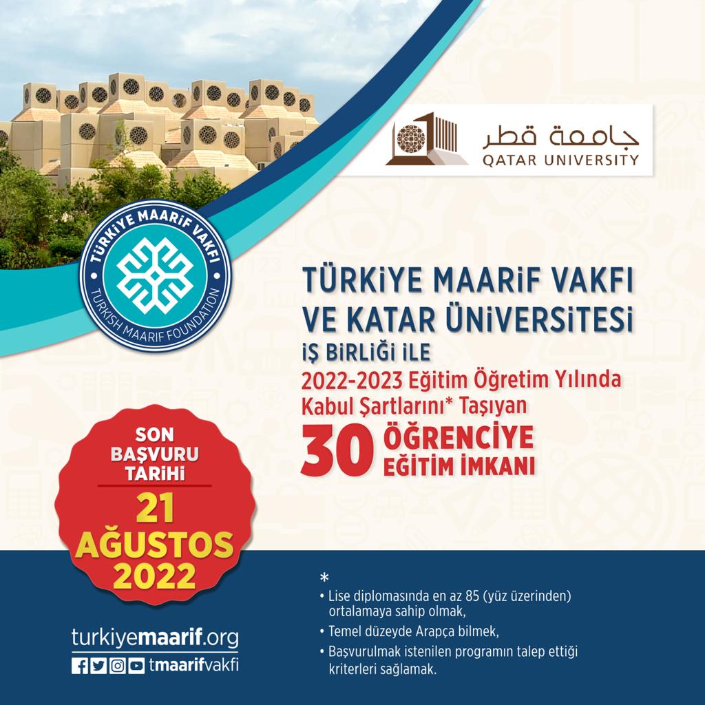 TMaarifVakfi's tweet photo. DUYURU📣

@QatarUniversity ile Vakfımız arasında imzalanan iş birliği protokolü kapsamında 30 başarılı öğrenciye Katar'da tam eğitim bursu verilecektir.

Detaylı bilgi ve başvuru için👇🏻

🔗https://t.co/knuRyvN09L https://t.co/F4umdJRMDg