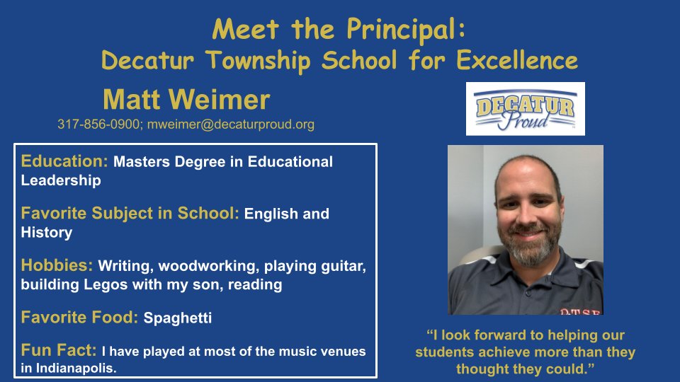 MSD Decatur (@msddecatur) on Twitter photo Mr. Weimer is #DecaturProud to be Principal at Decatur Township School for Excellence! <a href="/DTSExcellence/">DTSE</a> Not only is he an awesome principal, but a musician too! <a href="/MatthewWeimer2/">Matthew Weimer</a> #excellence #leadwithpurpose @DecaturTwpSupt <a href="/Steph_Hofer/">Dr. Stephanie Hofer</a> Mr. Weimer is #DecaturProud to be Principal at Decatur Township School for Excellence! <a href="/DTSExcellence/">DTSE</a> Not only is he an awesome principal, but a musician too! <a href="/MatthewWeimer2/">Matthew Weimer</a> #excellence #leadwithpurpose @DecaturTwpSupt <a href="/Steph_Hofer/">Dr. Stephanie Hofer</a>