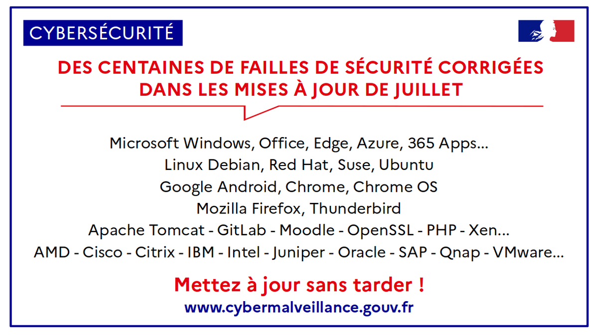 [🛡️#Cybersécurité] Des centaines de #failles de #sécurité corrigées dans les mises à jour de juillet

⚠️ Certaines de ces failles sont critiques et utilisées par des criminels

➡️ Mettez à jour PC, #téléphones, serveurs... sans tarder !

+infos <a href="/CERT_FR/">CERT-FR</a> : cert.ssi.gouv.fr