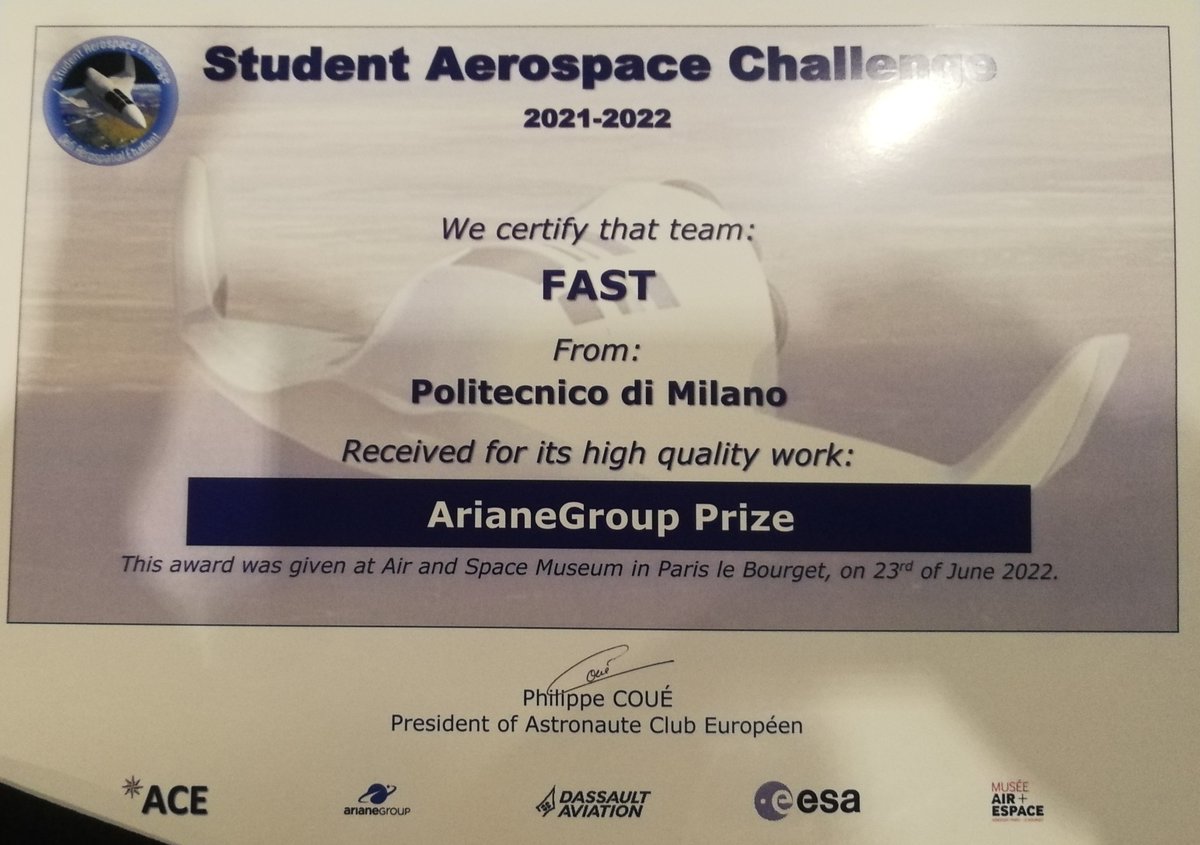 daer_polimi's tweet photo. Congrats🎉 to the @polispacepolimi FAST Team, who won the Ariane Groupe Prize🥇 in the #StudentAerospaceChallenge with the design of the hypersonic multi-purpose engine Trinity.
👉More at https://t.co/h1ZO9mu9pk
@ArianeGroup @ESA__Education @Dassault_OnAir @MuseeAirEspace @polimi https://t.co/N3bTCvi1bC