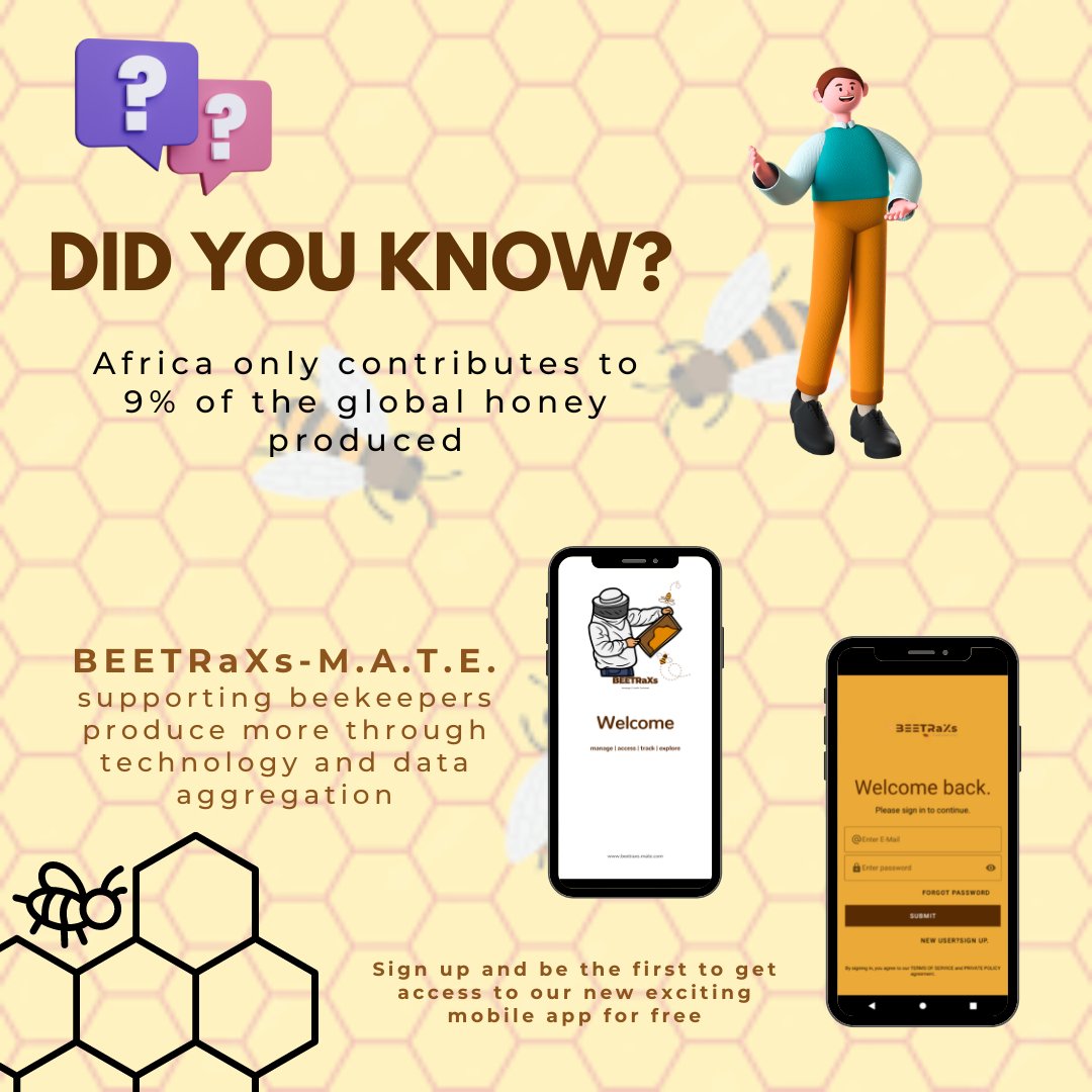 BEETRaXs-M.A.T.E is working towards leveraging technology and data /information aggregation to improve on honey production in Africa. Sign up and be the first to gain access to our apiary and beehive management mobile app for FREE.
