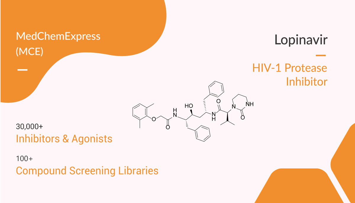 MedChemExpress's tweet photo. #Lopinavir (ABT-378) is a selective peptidomimetic #inhibitor of the #HIV-1 #protease. Acts by arresting maturation of HIV-1 thereby blocking its infectivity. Lopinavir is also a #SARS-CoV #3CLpro inhibitor with an IC50 of 14.2 μM. #drugdiscovery. https://t.co/kN4kILT30d https://t.co/95HejNxcig