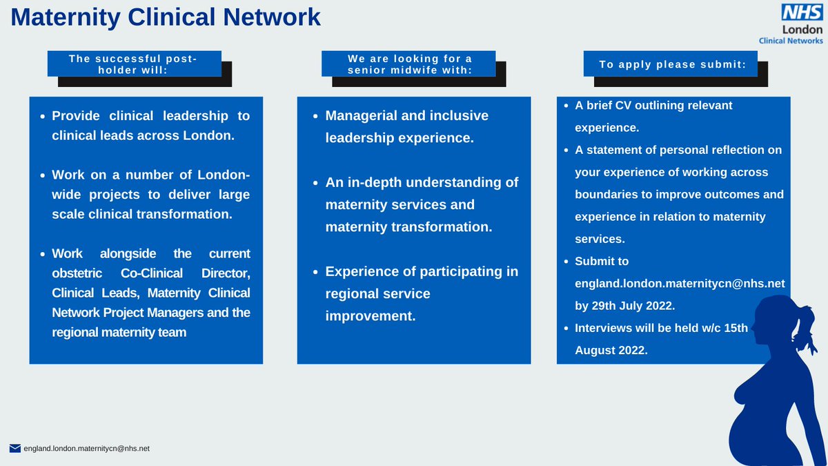 London Clinical Networks (@nhsldn_cn) on Twitter photo The London Maternity Clinical Network has an exciting opportunity for a passionate, senior midwife to join the team as Co-Clinical Director!
Expressions of Interest are being invited until 29th July 2022 and can be submitted to england.london.maternitycn@nhs.net. The London Maternity Clinical Network has an exciting opportunity for a passionate, senior midwife to join the team as Co-Clinical Director!
Expressions of Interest are being invited until 29th July 2022 and can be submitted to england.london.maternitycn@nhs.net.