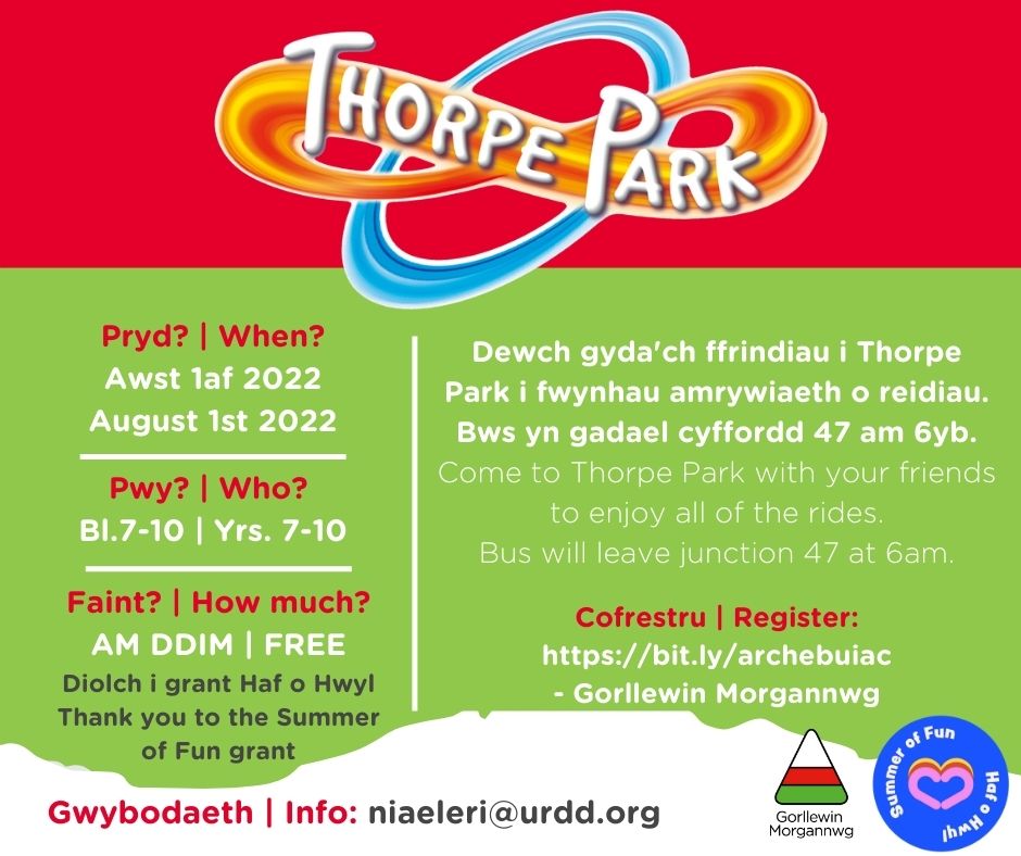 Mae dal DAU le ar ol i daith Thorpe Park ar Awst y 1af! 😀 🎢
There are TWO spaces left on the trip to Thorpe Park on August 1st! 😀🎢

Cofrestwch yma i ymuno gyda ni!😊 
Register here to join us!😊
bit.ly/archebuiac

@bro_dur <a href="/YsgolYstalyfera/">Ystalyfera - Bro Dur</a> <a href="/bryntawe/">Ysgol Bryn Tawe</a> <a href="/yggwyr/">yggwyr</a>