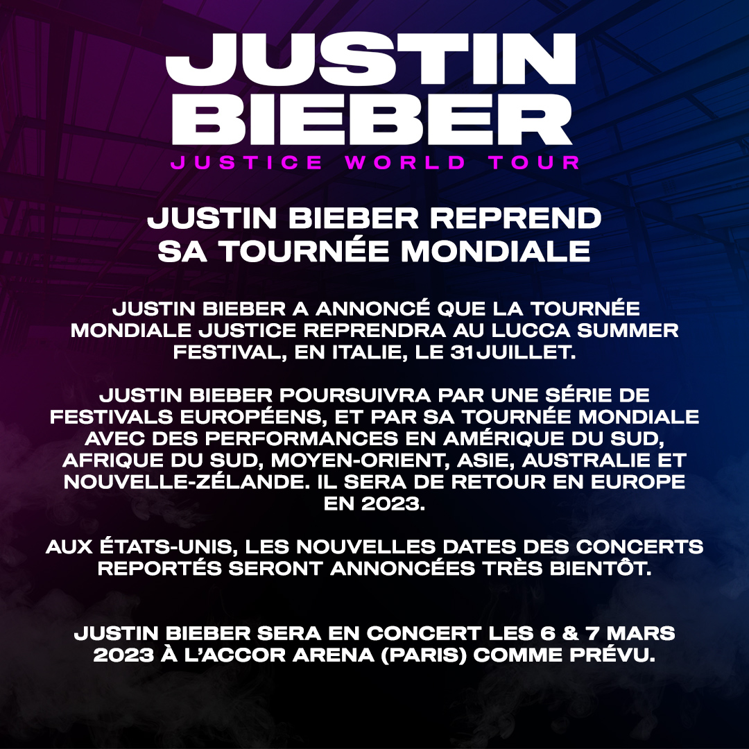 AEGPresentsFR's tweet photo. JUSTIN BIEBER REPREND SA TOURNÉE MONDIALE ! 
Il sera en concert les 6 &amp; 7 mars 2023 à l'@accor_arena comme prévu 💜 https://t.co/BxAX0949o4