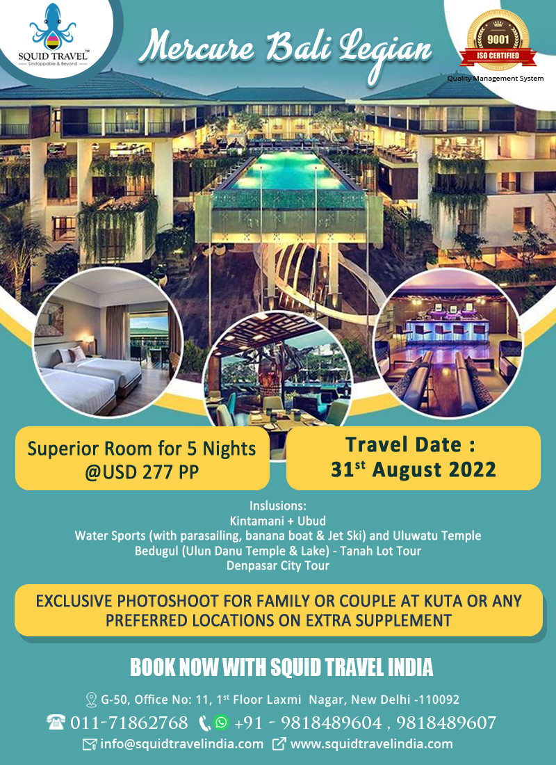 Mercure Bali Legian
Superior Room for 5 Nights @USD 277 PP
Travel Date :  31st August 2022
#balitrip #baliindonesia #balitravel #balitour #balihoneymoon #baliholiday #balihoneymoonpackage
🇮🇳 ✨Book now✨🇮🇳 
What's app chat Link
wa.me/message/M4DQ3V…