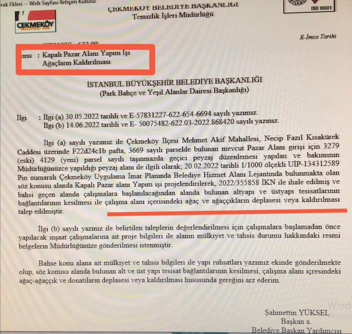 İşte AKPli Çekmeköy Belediyesi'nin İstanbul Büyükşehir Belediyesi'ne gönderdiği o yazı.
Çekmeköy halkı bu ağaçların sökülmemesi için tam 5 bin imza topladı ve 47 gündür de parkın önünde nöbet tutuyor. AKP'li ilçe belediyesi ise halkla inatlaşıyor <a href="/AhmettPoyraz/">Ahmet Poyraz</a> <a href="/Cekmekoybeltr/">Çekmeköy Belediyesi</a>