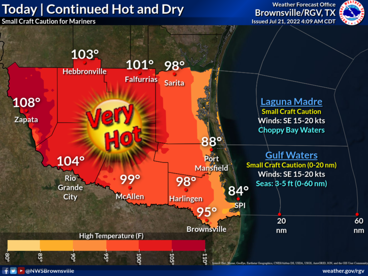 Nws Brownsville High Pressure Will Produce Yet Another Day Of Very Hot Temperatures And Dry Weather For Deep South Texas And The Rio Grande Valley Meanwhile Along The Lower Texas