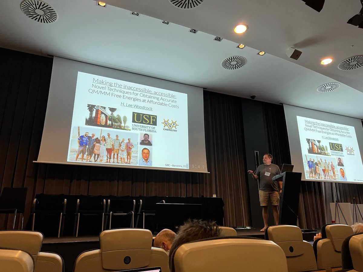 olexandr's tweet photo. Fantastic free energy session at #compchemGRC lead by Chris Chipot. With great speakers like @JorgensenWL, Darrin York, Hugo Gutierrez-De-Teran, Lee Woodcock. Here Lee talks about how to make QM/MM simulations accessible. https://t.co/Wn54CxEM2r