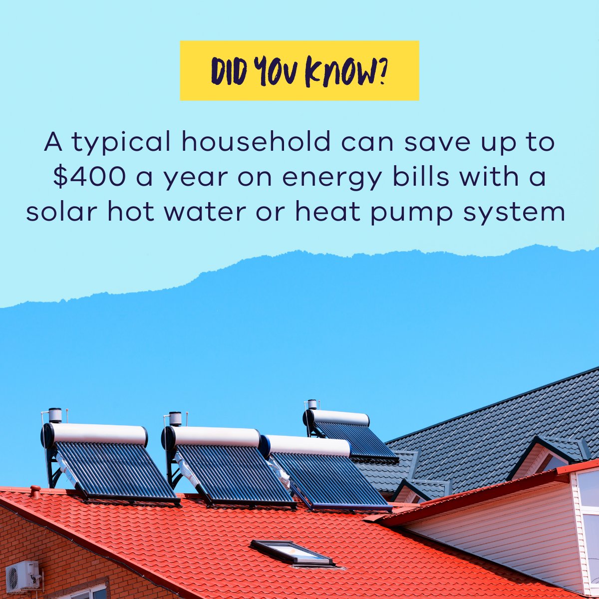SolarVictoriaAU's tweet photo. 💧#DidYouKnow: Hot water is one of the biggest energy users in the home, making up about 1/5th of energy costs. With a solar hot water or heat pump system, you could save up to $400 a year on electricity bills. Apply for a rebate of up to $1000 to upgrade: https://t.co/kGj4x12nkk https://t.co/nennXlrUOG