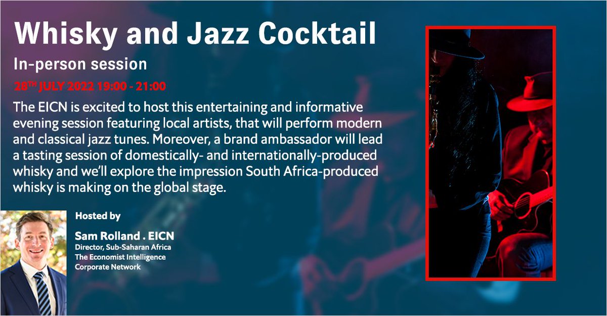 eicn_mea's tweet photo. ⏰ The Countdown has begun!!! ⏰

Only a week left until we kick off our next event which will give you a relaxed opportunity to network with other #EICN members, while enjoying a unique whiskey, food, and jazz pairing!

To register, please contact: ecn_africa@economist.com https://t.co/NmQv67WUw1