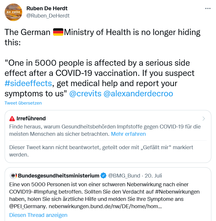 Mein niederländischer Follower @Ruben_DeHerdt hat den BMG-Tweet zu #1von5000 #Nebenwirkungen wortgetreu übersetzt. Dafür wurde er von Twitter zensiert und gesperrt. Inzwischen sind sogar BMG-Infos 'Irreführend'. Wahnsinn!