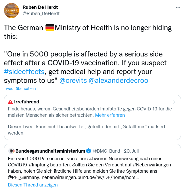 SHomburg's tweet photo. Mein niederländischer Follower @Ruben_DeHerdt hat den BMG-Tweet zu #1von5000 #Nebenwirkungen wortgetreu übersetzt.

Dafür wurde er von Twitter zensiert und gesperrt. Inzwischen sind sogar BMG-Infos "Irreführend". Wahnsinn! https://t.co/j7d6z617W0